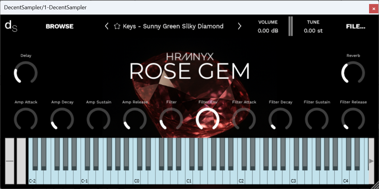 A screenshot of the Rose Gem Sample Library instrument interface in Decent Sampler.